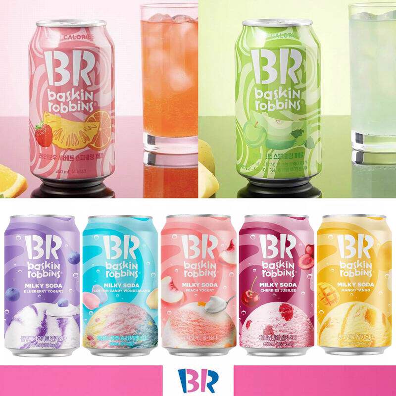 韩国进口 巴斯罗宾BR彩虹棉花糖奶香苏打饮料果味气泡水罐装350ml