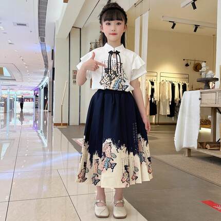 2025新款儿童汉服改良马面裙新中式两件套夏装女孩中国风短袖女童