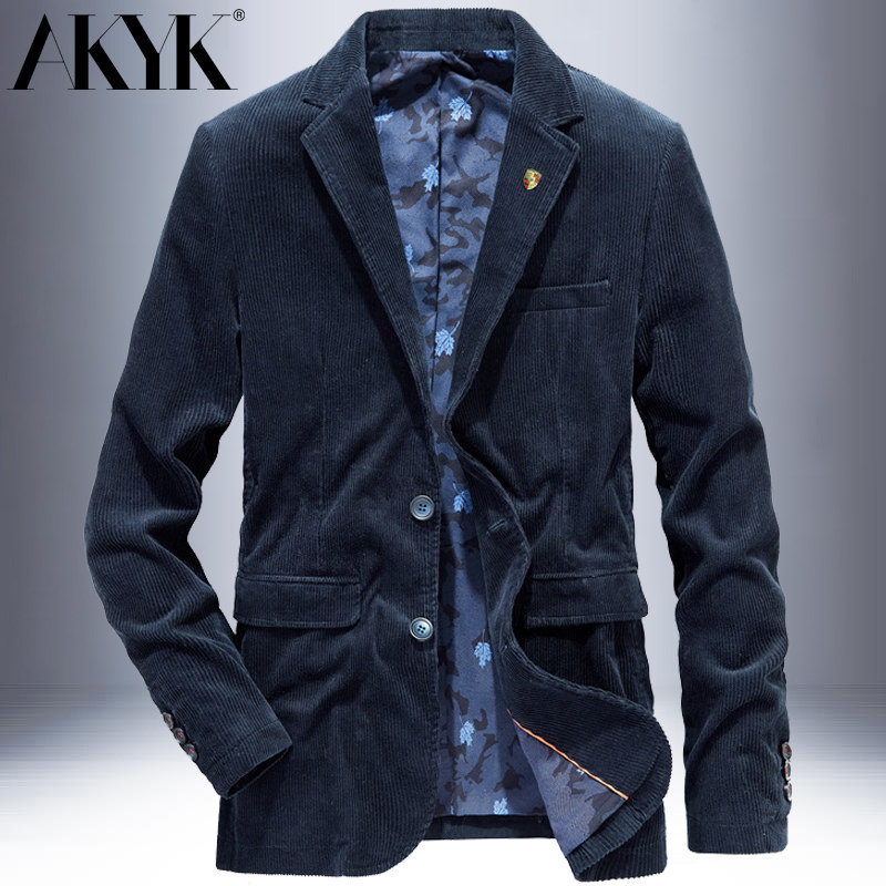 春秋季灯芯绒西服男长袖宽松大码上衣便服单西商务休闲小西装男