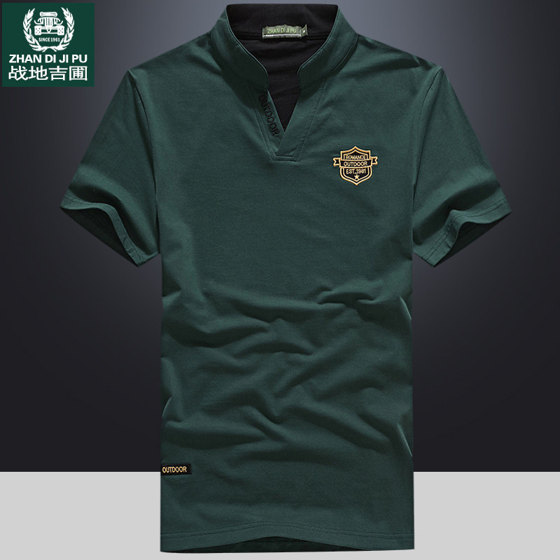 夏天短袖t恤男宽松大码男装休闲上衣珠地棉体恤男士立领T恤衫纯棉