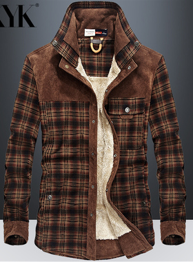重磅加绒加厚衬衫男长袖格子宽松大码上衣拼接冬季爸爸装保暧衬衣