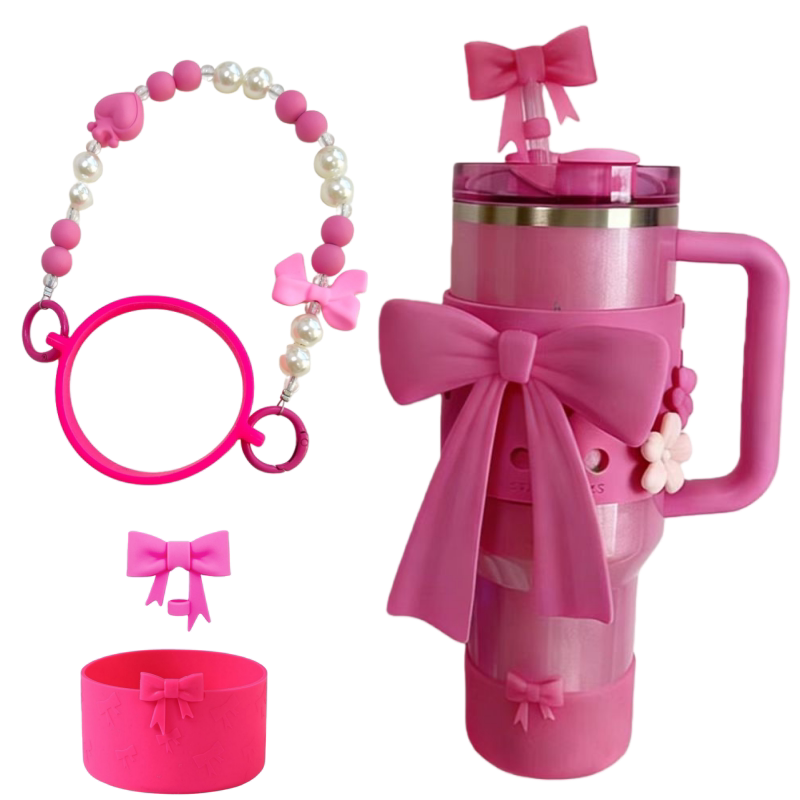 适用Stanley保温杯挂绳火龙果色蝴蝶结杯套吸管帽水杯手提绳杯饰