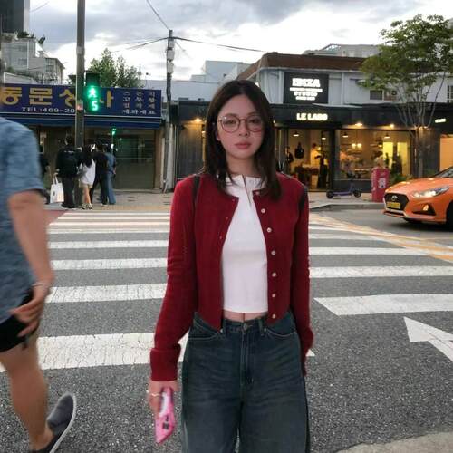 复古红色圆领针织开衫内搭上衣