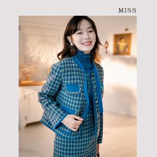 原创套装女秋冬秋冬季新款小香风赫本风蓝色xs双面毛呢外套女短款