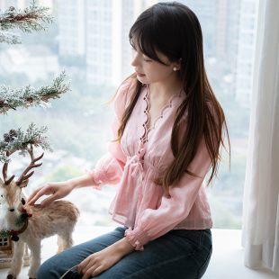 原创定制ins风美式刺绣扇贝花边性感深V领上衣绑带衬衫苎麻小衫女