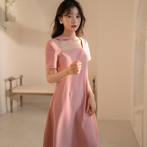 简约a字短袖纯色蝴蝶结小礼服