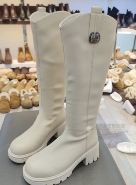 VL女鞋2025冬新款白色高筒长靴子粗跟厚底骑士加绒高跟女靴5808-8