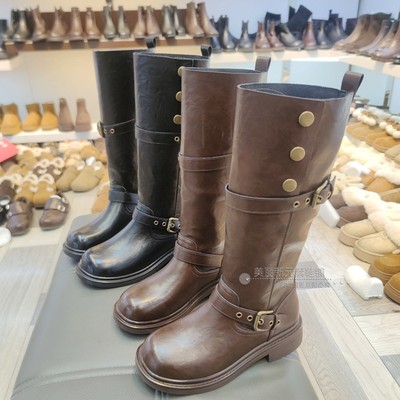 VL女鞋2025冬新款高筒长靴子粗跟皮带扣骑士靴单靴机车女靴5807-2