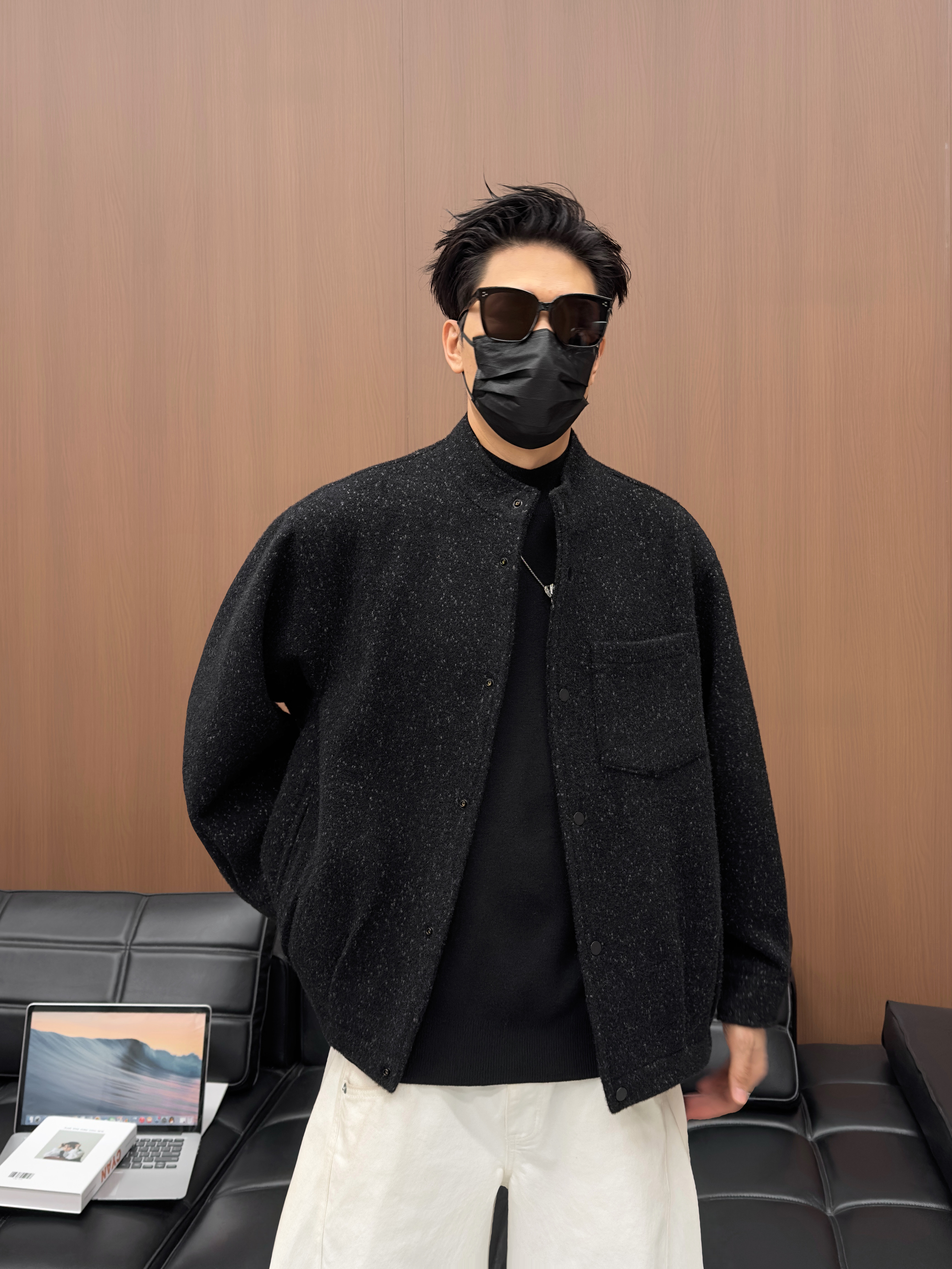 2026秋冬季新款韩版休闲宽松男士暗花毛呢青年帅气夹克外套上衣潮