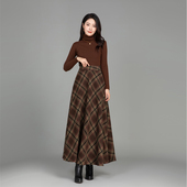 2025新款 高腰伞裙毛呢裙子 秋冬季 a字半身裙长裙女格子大码 中长款