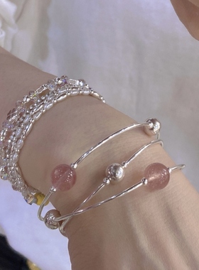 925纯银三圈草莓晶桃花少女款圆珠天然水晶粉晶手串手链