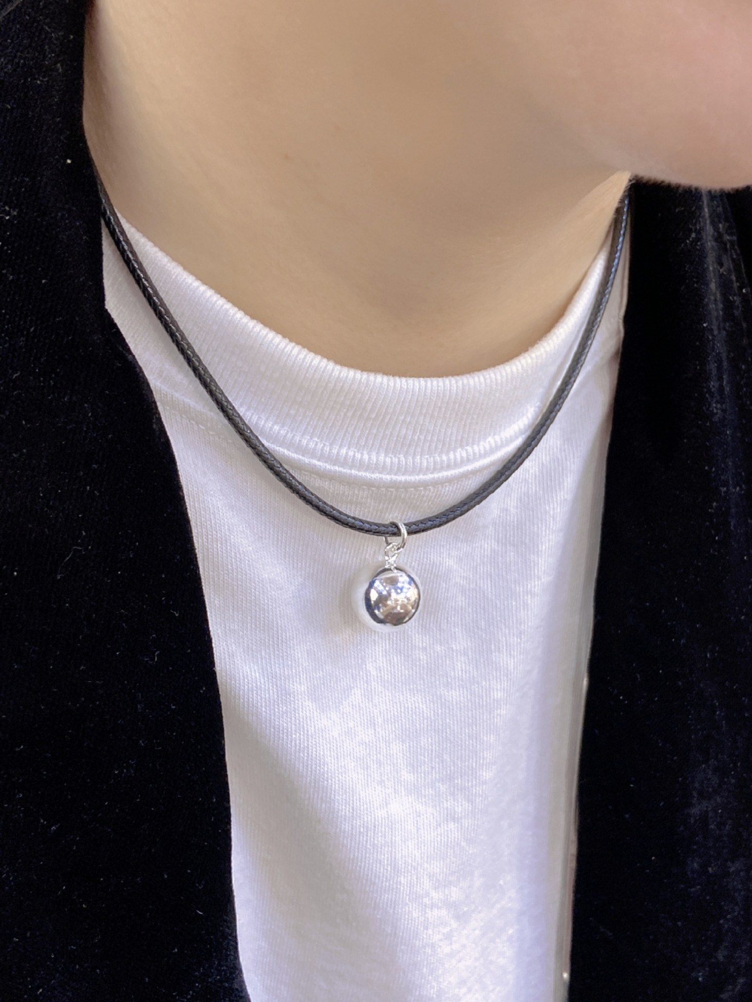 925纯银百搭款首饰颈链黑绳项链女吊球圆珠短链简约新款