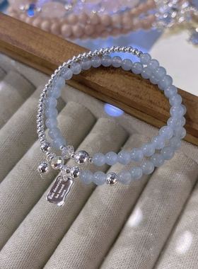 纯银珠小众设计天然玉石蓝玛瑙水晶手链女双层简约百搭闺蜜礼物
