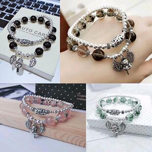 纯银珠玉髓招财转运黑曜石玛瑙茶水晶草莓晶绿幽灵手链女生日礼物