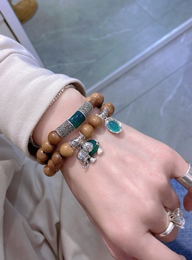 桃木双层多圈纯银绿玛瑙小象女闺蜜手链元宝弯管生日礼物饰品