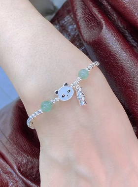 925纯银女孩儿童熊猫竹子彩色滴油手链女款银珠手串玉石水晶饰品