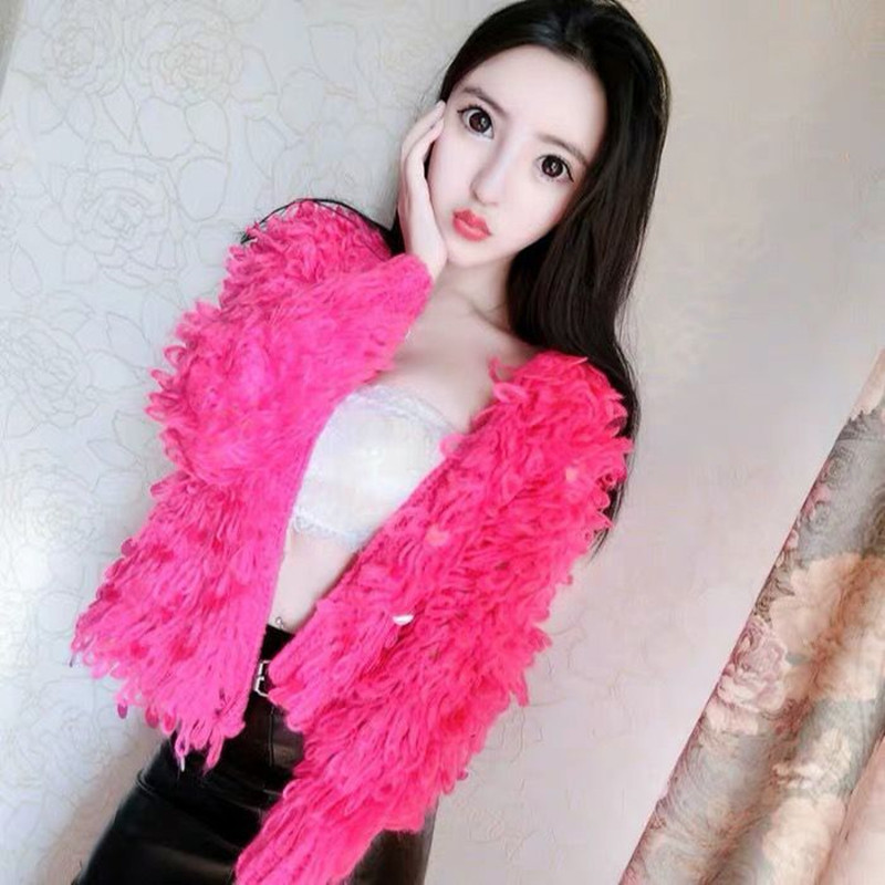 秋冬新款韩国手工钩织鱼鳞亮片马海毛毛衣女宽松短款针织开衫外套