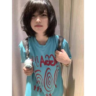 韩系多巴胺蓝色印花短袖T恤女夏季新款宽松显瘦慵懒风纯棉上衣ins