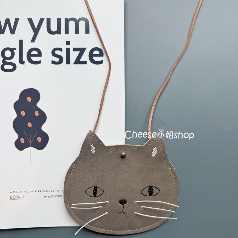 儿童卡通包灰色按扣女孩胡子小猫咪ins可爱pu皮包包斜挎包零钱包