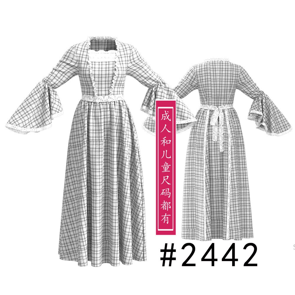 2442亲子款复古格纹连衣裙纸样方领蕾丝喇叭袖大摆裙裁剪版型图,个性定制/设计服务/DIY,卫衣定制/加工,淘宝优惠券,粉丝福利购,淘宝优惠卷