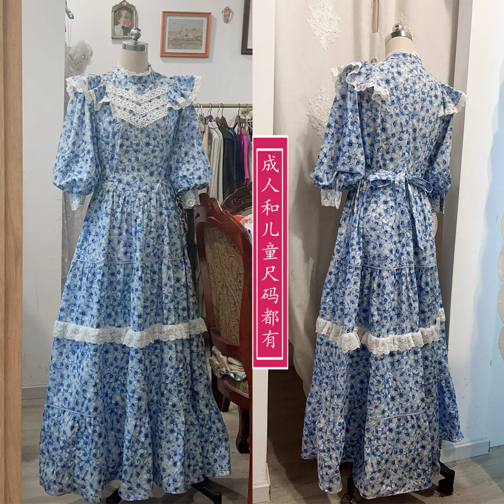 2298亲子款复古款长裙纸样蕾丝拼接法式连衣裙图纸亲子装成人儿童