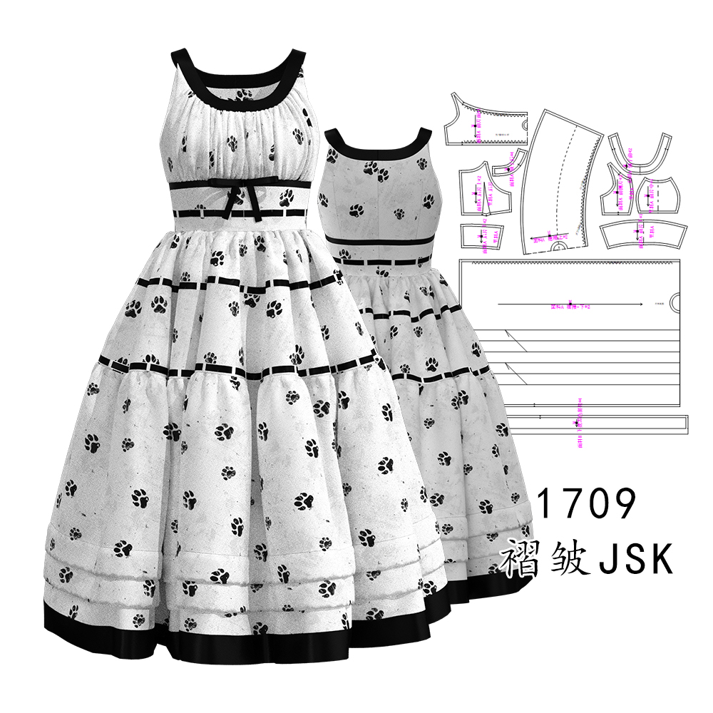 1709胸口褶皱JSK日常吊带连衣裙轻LO纸样大裙摆4米1比1服装裁剪图