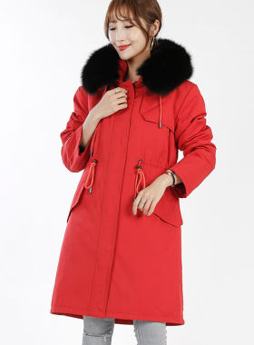 红色派克服女2027加厚獭兔毛内胆皮毛一体中长款尼克服本命年皮草