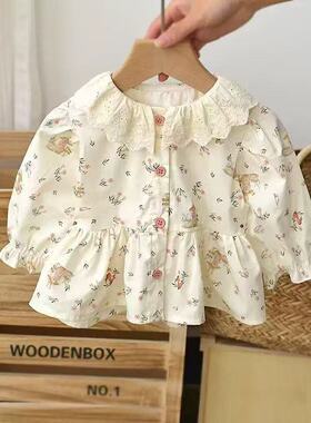 女童衬衫洋气棉长袖上衣1-2-34岁宝宝春装夏女宝宝开衫打底百搭衣