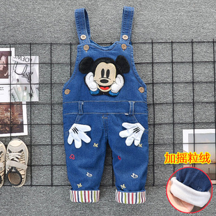 亏本清仓冬装加绒加棉加厚宝宝背带裤儿童牛仔长裤子男童女童婴幼