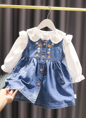 清仓女童洋气绣花连衣裙婴儿秋装韩版女宝宝牛仔背心马甲裙套装潮