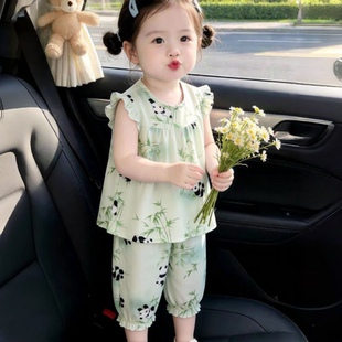女童夏季夏装2026棉绸飞袖七分裤套装儿童洋气时髦两件套宝宝睡衣