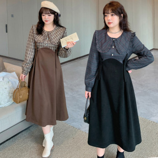 秋冬新款韩版200斤显瘦加肥假两件连衣裙中长款格子背带女裙 减龄