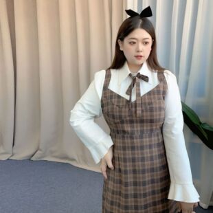23新款学院风大码连衣裙衬衫大码200斤韩版吊带假两件套收腰气质