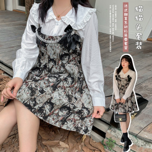 大码女微200斤加肥加大韩 胖MM法式猫猫头木耳边衬衫吊带裙两件套