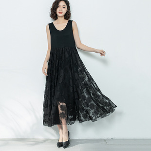 黑色吊带背心裙女内搭显瘦夏季裙子圆领莫尔拼接网纱背心连衣裙女