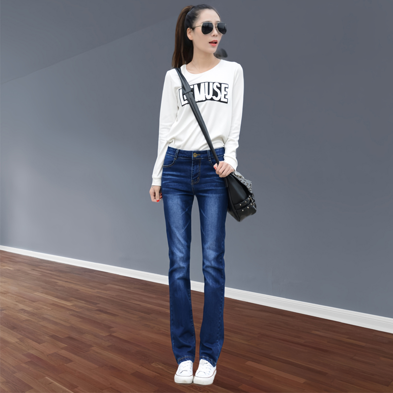 蓝色直筒牛仔裤百搭通勤遮臀弹力