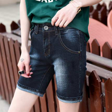 四分牛仔裤女2025夏季中腰弹力牛仔卷边四分裤修身直筒短裤女装裤