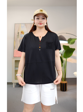 大码女装上衣女款T恤夏季新款宽松显瘦圆领短袖小衫洋气百搭时尚
