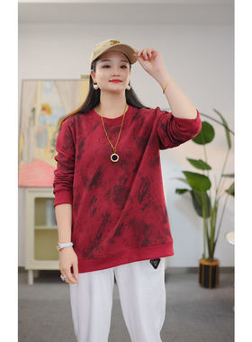 大码女装春秋款长袖卫衣宽松显瘦时尚百搭上衣红色妈妈打底衫T恤