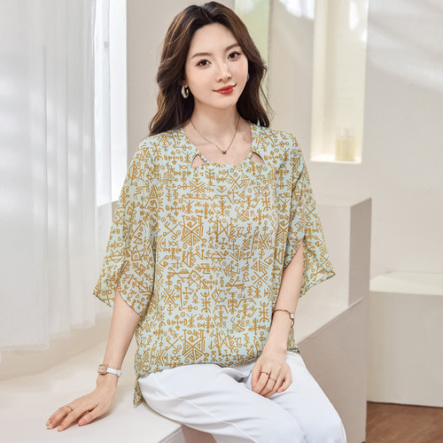 胖mm夏装宽松显瘦短袖雪纺T恤衫
