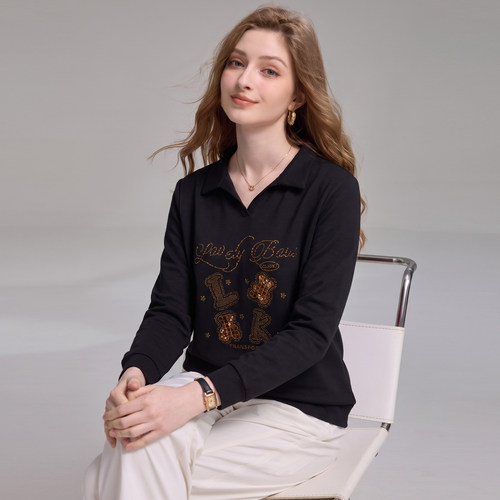 大码女装秋装新款胖妹妹宽松显瘦减龄洋气休闲百搭翻领长袖T恤衫