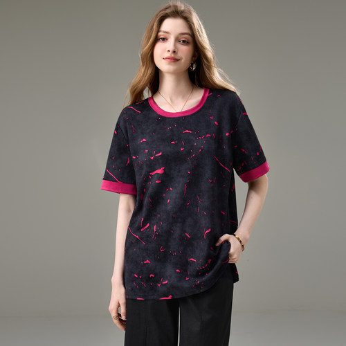 胖mm宽松显瘦烧花短袖T恤衫