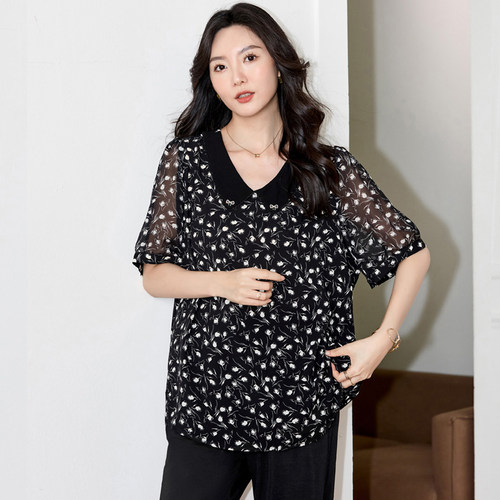 胖mm夏装洋气时尚短袖雪纺上衣