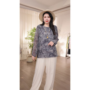 大码女装牛子灰秋季植物花卉长袖休闲T恤通勤印花上衣