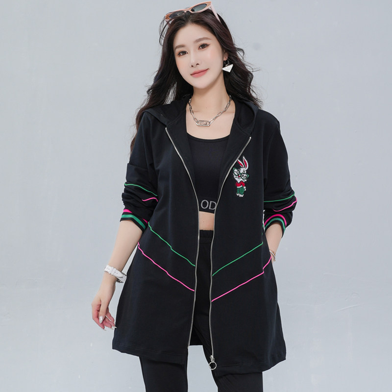 大码女装230斤胖mm秋装洋气时尚开衫胖妹妹宽松显瘦长袖连帽外套_虎窝淘