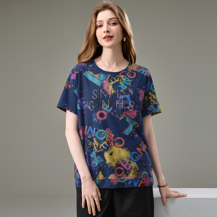 新款 夏季 女装 上衣胖mm宽松显瘦印花短袖 T恤衫 胖妹妹洋气时尚 大码