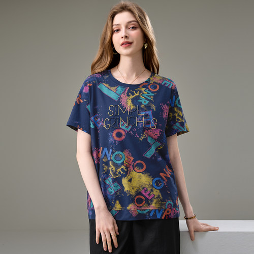 胖mm宽松显瘦印花短袖T恤衫