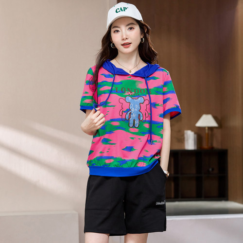 200斤胖mm夏装宽松显瘦连帽T恤衫