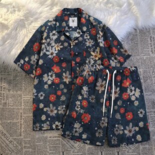 夏季男士睡衣冰丝短袖复古港风宽松夏天青年潮男可外穿家居服套装