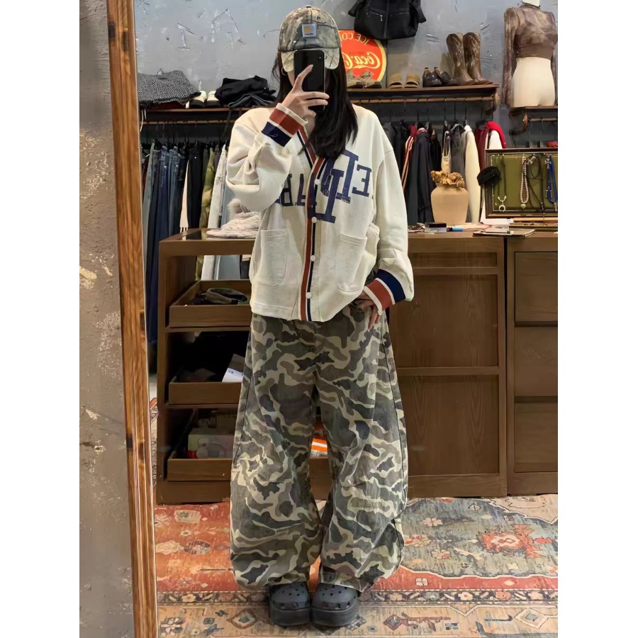 官2403--P50美式复古水洗迷彩弯刀牛仔裤女春秋款褶皱阔腿裤子，商品下架区商品下架区，电商A306-1